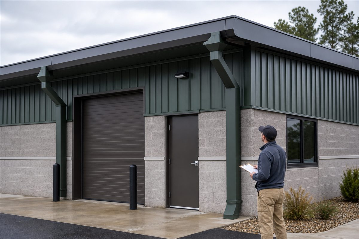 Commercial building with large metal gutters and protected downspouts