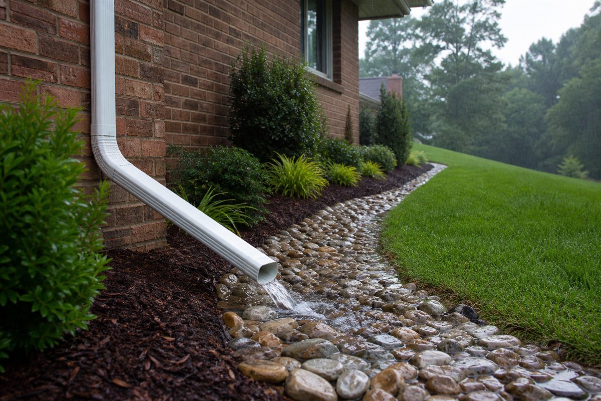 Downspout extension directing rainwater away from a brick foundation