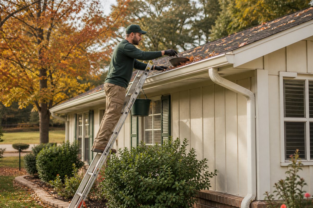 Professional removing autumn leaves from a residential gutter