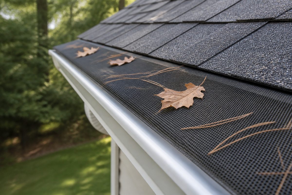 Micro-mesh gutter guard with dry leaves and pine needles on its surface