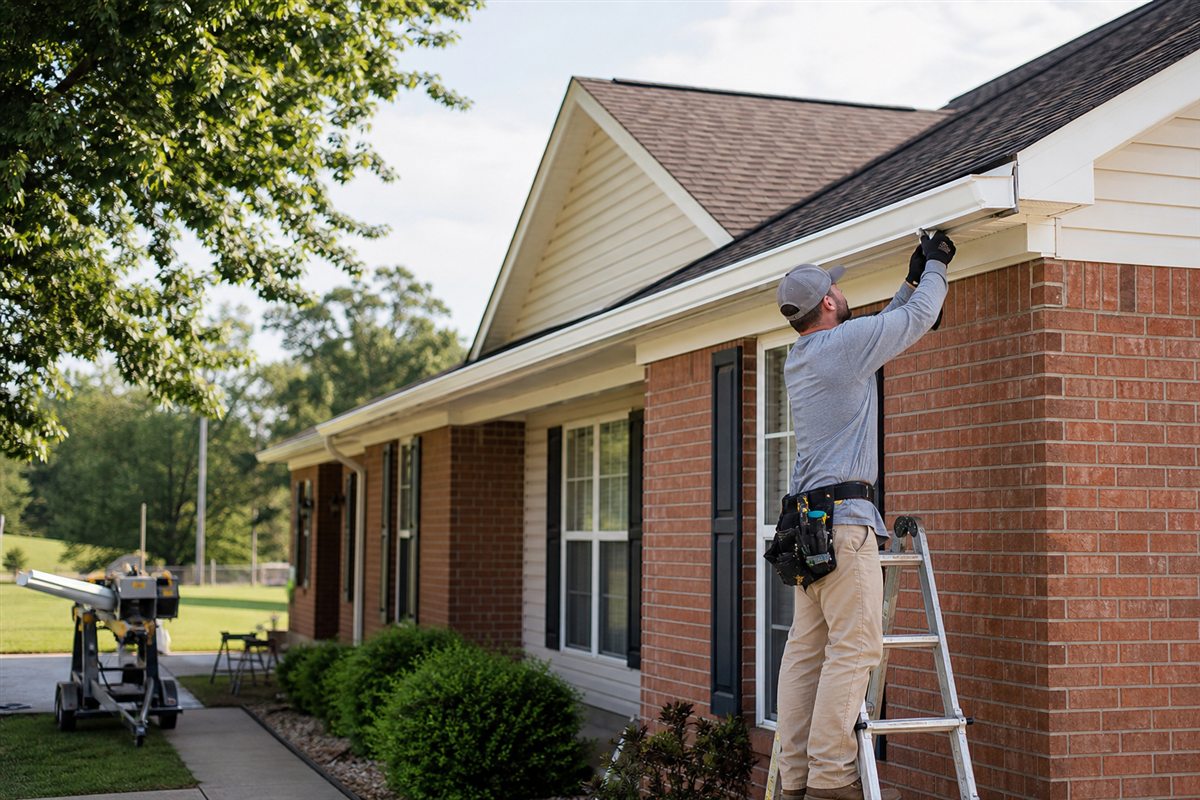 Professional installing a seamless aluminum gutter on a brick home