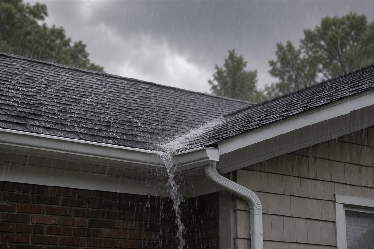 Concentrated rainwater overshooting a gutter below a roof valley
