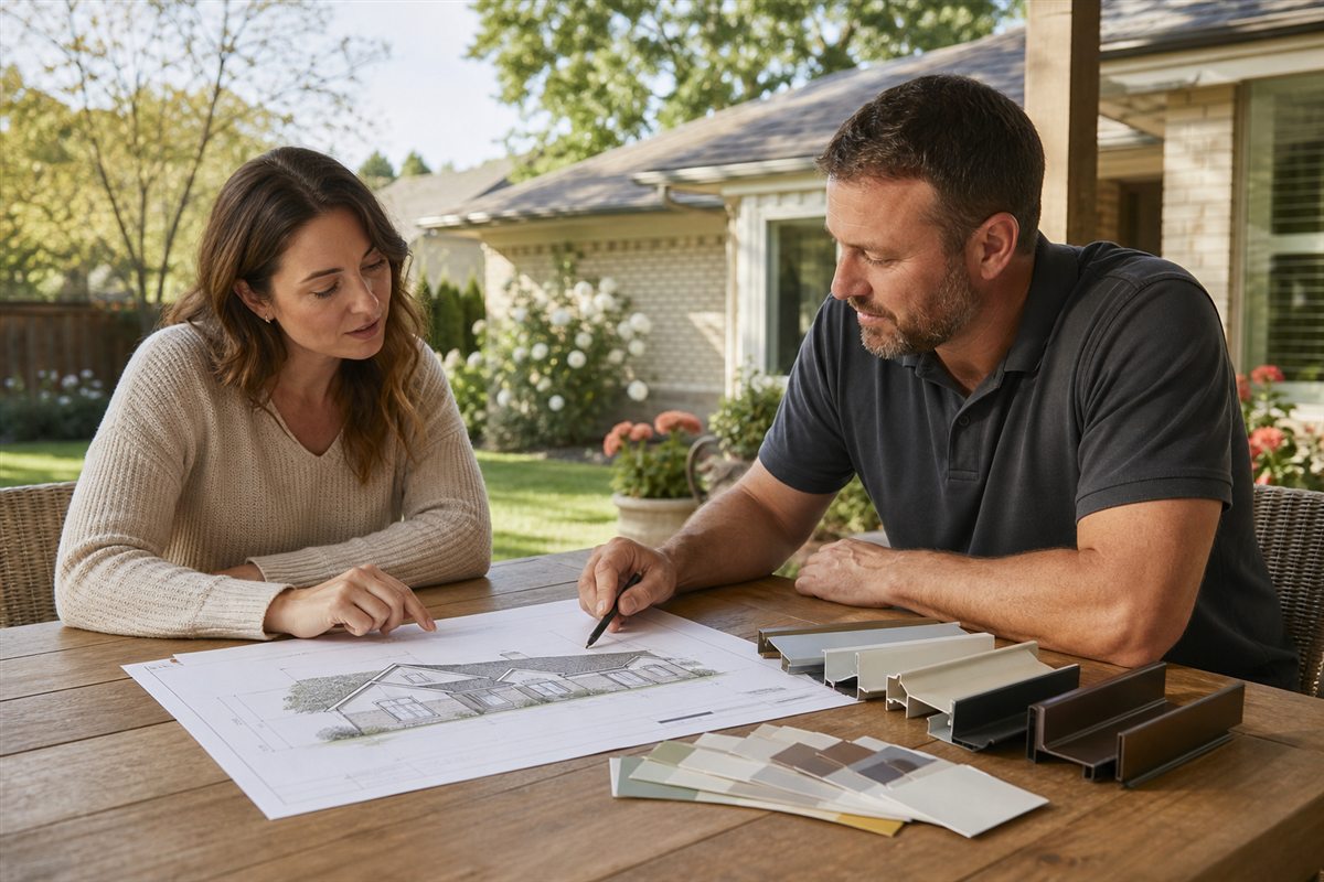 Homeowner and estimator reviewing gutter profiles and a house proposal