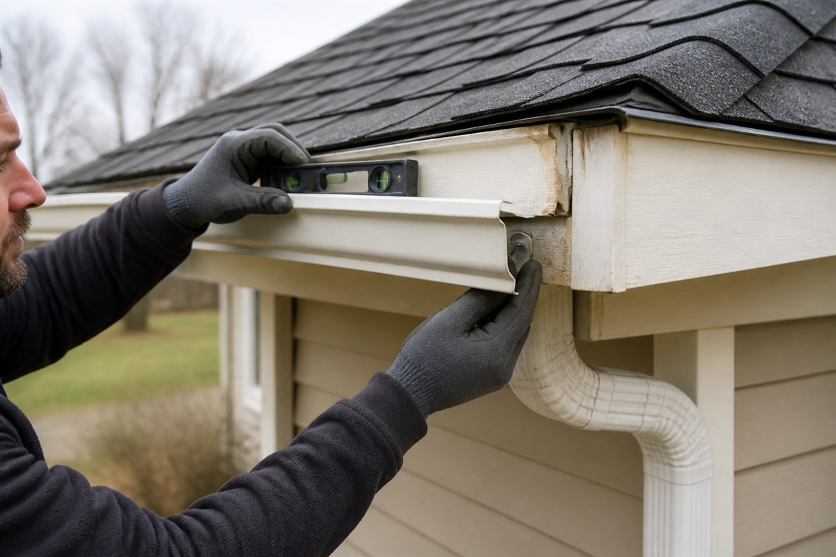 Technician checking gutter pitch and stained fascia at a loose corner