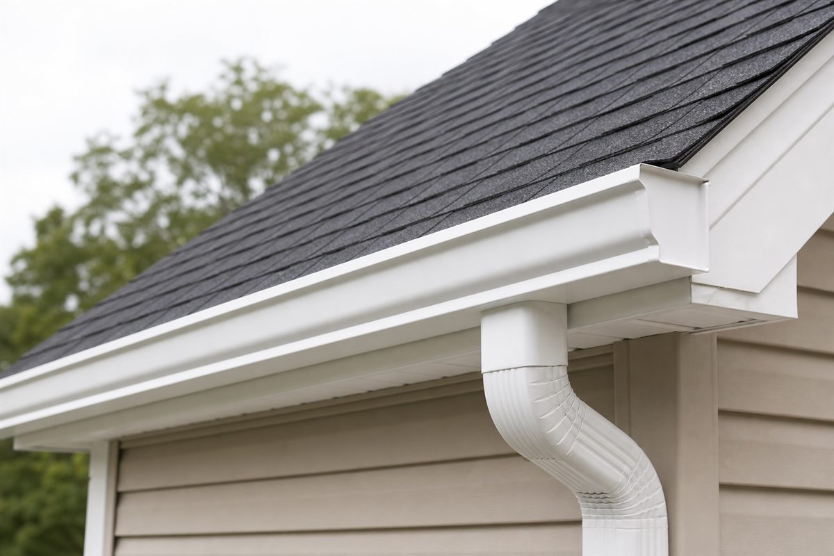 Close view of an aluminum gutter, roof edge and downspout outlet